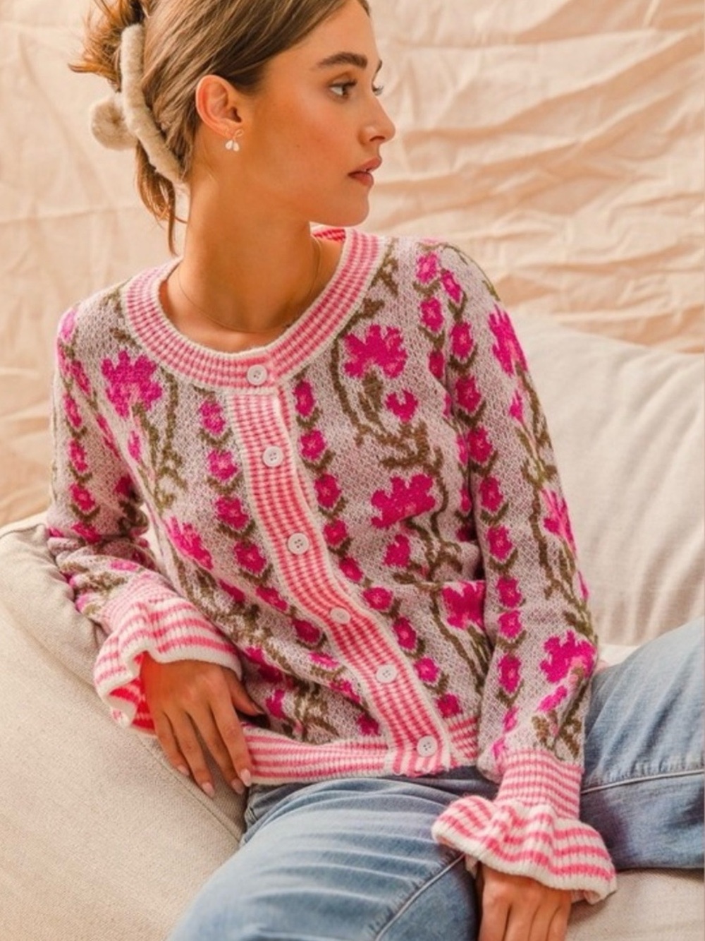 So Me NWT Pink Floral Knit Cardigan Sweater Statement Sleeves
